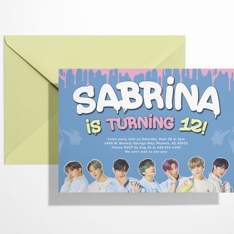 Professional birthday invitation ticket for the biggest BTS fan! Kpop Birthday Invitation, Bts Invitation Card, Kpop Birthday, Bts Birthday, Bts Birthdays, Ticket Invitation, Text Box, Bts Fans, Invitation Sizes