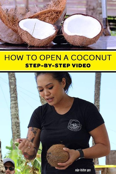 Learn how to husk a coconut with this guide to opening a coconut step by step video. | sipbitego.com #coconuts #hawaii #coconut How To Cut Coconut, Opening A Coconut, Coconut Video, Coconut Hacks, Yellow Cornbread, Open A Coconut, Coconut Milk Smoothie, Coconut Shavings, Coconut Benefits