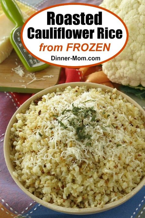 Making Roasted Cauliflower Rice with garlic and Parmesan cheese couldn't be easier using FROZEN cauliflower rice from the frozen foods aisle! It's a game changer! #cauliflowerrice Roasted Cauliflower Rice From Frozen, Recipes Using Frozen Cauliflower Rice, Roasted Cauliflower Rice Recipes, Frozen Cauliflower Rice Recipes Healthy, Frozen Riced Cauliflower Recipes, Cauliflower Rice From Frozen, Frozen Cauliflower Rice Recipes, Roasted Cauliflower Rice, Frozen Vegetable Recipes