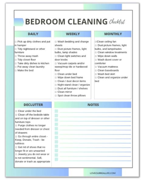 Free Printable Bedroom Cleaning Checklist - Daily, Weekly, Monthly ⋆ Love Our Real Life Weekly Bedroom Cleaning Checklist, Bedroom Chore Checklist, Daily Routine Checklist Free Printable, Daily Cleaning Checklist Printable Free, Bedroom Deep Cleaning List, Daily Bedroom Cleaning Checklist, Bedroom Cleaning List, Bedroom Cleaning Routine, Bedroom Cleaning Schedule