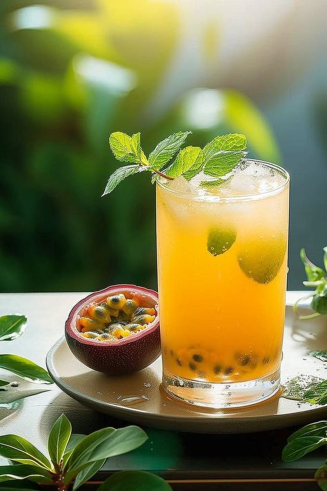 Indulge in the tropical flavors of mint, lime, and fresh passion fruit juice with this delightful Passionfruit Mint Breeze cocktail. Perfect for summer gatherings! 🍹🌴 #SummerCocktail #RefreshingDrink #TropicalFlavors Passion Juice, Rice Garden, Cocktail With Mint, Passionfruit Cocktail, Satisfying Pics, Fresh Fruit Cocktails, Passion Fruit Mojito, Passion Fruit Tea, Energizing Smoothies