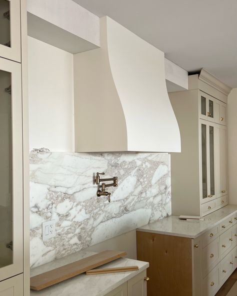 Unique Kitchen Hood Ideas, Range Hood With Bulkhead, Studio Mcgee Spec Home Kitchen, Sconces On Sides Of Range Hood, Kitchen Hood Styles, Range Hood Between Cabinets, Decorative Hood Vent, Statement Range Hood, Venthood Kitchen