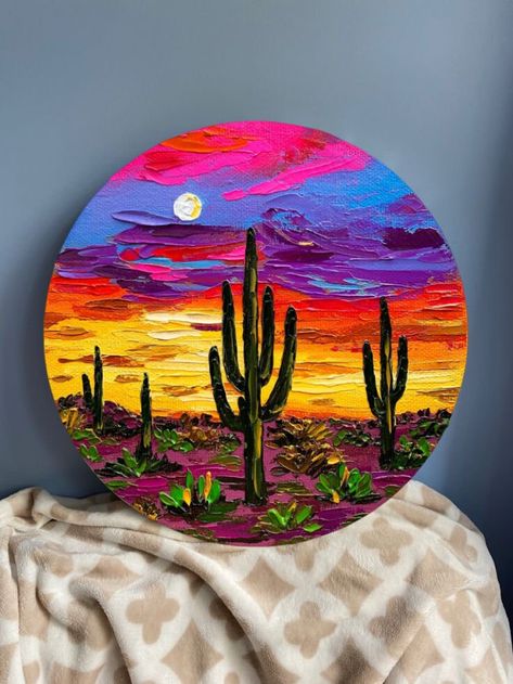 100% hand painted original painting by Aisha TurlybekovaArt. Arizona one-of-a-kind oil painting. Unique hand painted Saguaro National Park round artwork. Impasto Sonora Desert palette knife art. Arizona desert colorful sunset art gift. Motley Desert wall painting. Artwork painted with palette knife in thick layers on round canvas.  These paintings made to order, all the sizes indicated will be painted on round stretched canvas. The painting does not require a decorative frame. The edges of the p Arizona Sky Painting, Thick Oil Painting, Arizona Painting Easy, Desert Painting Ideas, Wood Canvas Painting Ideas, Earthy Painting Ideas, Round Canvas Art, Desert Sunset Painting, Circular Canvas Painting