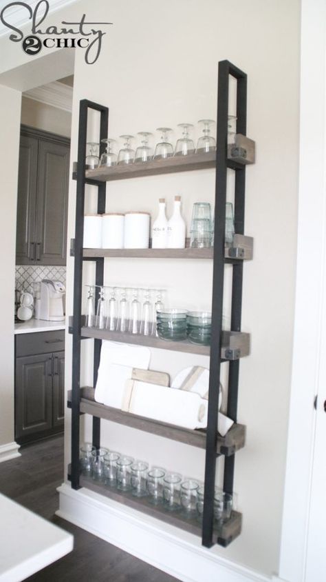 Add character to a blank wall with this DIY Floating Plate Rack. It makes a statement and has tons of storage. Easy build with FREE Plans and how-to video! Kitchen Blank Wall Ideas, Blank Wall In Kitchen, Diy Wall Display, Meja Industrial, Free Furniture Plans, Diy Furniture Cheap, Wood Furniture Plans, Farmhouse Style Furniture, Plate Rack