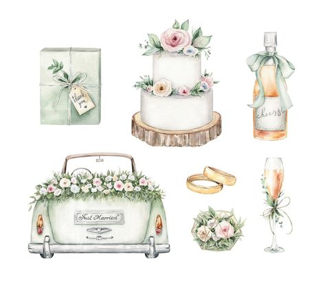 Wedding Watercolor Illustration, Wedding Clipart Free, Romantic Stickers, Wedding Card Decorations, Wedding Agenda, Wedding Clip Art, Wedding Color Schemes Spring, Wedding Artwork, Bridal Car