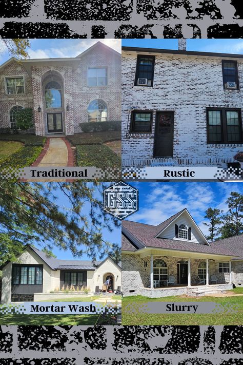 Here at German Smear Specialists we offer four main styles. Rustic, Traditional, Slurry and, Mortar Wash Which one do you think is the best? Don't like any of them? No problem, we will work with you to create your own custom style! Get a free virtual quote today at GermanSmear.com . . . hgtvhome hgtv whitewashing renovation rustichome rustic beauty rusticfarmhouse brick brickhouse beautiful brickwall tudorstyle homeandgarden limewash oldworld oldworldcharm whitebrick bricktransformation German Smear Before And After Exterior, German Schmear Brick Exterior Ranch, Brick Smear Exterior, Mortar Smear Brick Exterior, German Smear Brick Exterior Before After, German Shmere Brick House Exterior, German Smear Stone Exterior, Mortar Washed Brick Exterior, German Schmear Brick Exterior