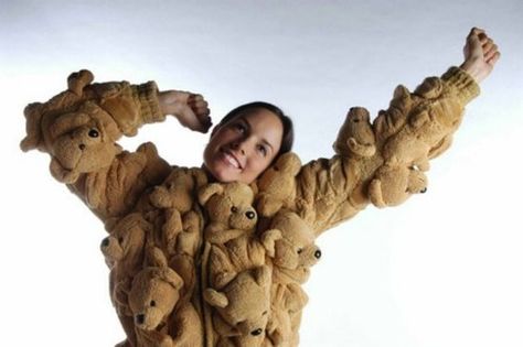 only Lady Gaga can get away with wearing this Bear Fur Coat, Creepy Stuffed Animals, Teddy Bear Sweater, Teddy Bear Jacket, Teddy Bear Coat, Crazy Outfits, Teddy Jacket, Weird Pictures, Cream Style