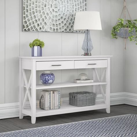 Clitheroe 47.2" Console Table White Console Table, Drawers And Shelves, Console Table Styling, Console Table With Drawers, Table With Drawers, Coastal Retreat, Living Room Sets Furniture, Bush Furniture, The Bush