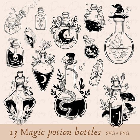 This Clip Art & Image Files item by DiazRodriguezSVG has 23 favorites from Etsy shoppers. Ships from United States. Listed on Aug 14, 2024 Goth Cricut, Potion Bottle Tattoo Design, Potion Bottles Drawing, Witch Potion Bottles, Tarot Svg, Magic Potion Bottles, Symbole Tattoo, Witch Potion, Witch Bottles