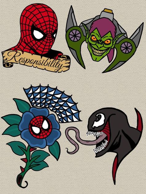 Spiderman Flash Tattoo, Comic Tattoo Ideas, Spiderman Tattoo Design, Tattoo Spiderman, Marvel Tattoo Ideas, Spiderman Tattoo, Vintage Tattoo Art, Nerdy Tattoos, Traditional Tattoo Inspiration