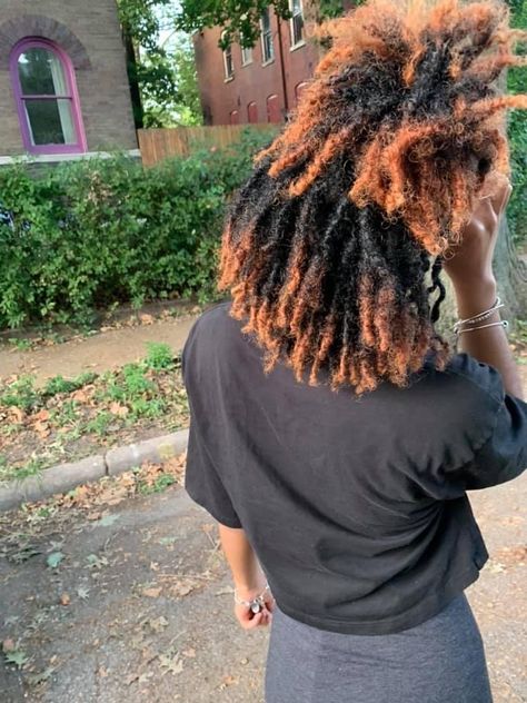 Dyed Loc Tips Black Women, Dreads With Dyed Tips, Dyed Loc Tips, Puffy Locs, Natural Locs With Curly Ends, Dyed Dreadlocks, Orange Locs, Loc Tips, Locs Ideas