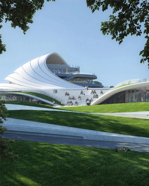 MAD tops Jiaxing Civic Center within continuous undulating roof Parametric Landscape, Mad Architects, Detail Arsitektur, مركز ثقافي, Roof Shapes, Parametric Architecture, Zaha Hadid Architects, Civic Center, Architecture Design Concept