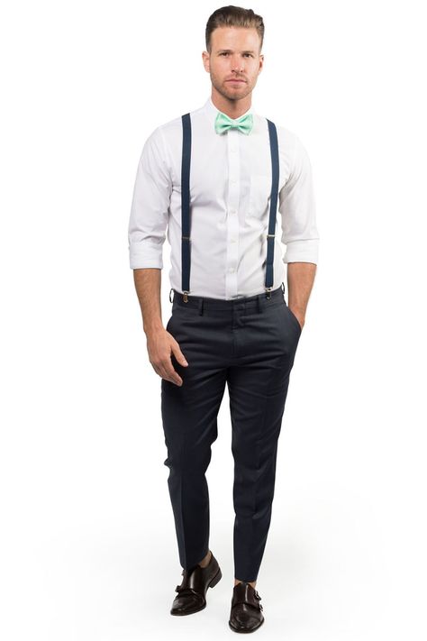 Navy suspenders and mint bow tie for groom and groomsmen #wedding #suspenders #groom #groomsmen Classic Fitted Belts And Suspenders For Wedding, Hipster Groom, Navy Groom, Beige Hose, Burgundy Bow Tie, Grey Suspenders, Grey Bow Tie, Yellow Bow Tie, Black Suspenders