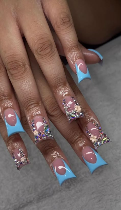 Cute Duck Nail Ideas, Short Duck Nails Acrylic French Tip, Baby Blue Duck Nails, Light Blue Duck Nails, Rhinestone Duck Nails, Short Duckie Nails, Blue Duck Nails, Acrylic Duck Nails, Summer Nails Black Women