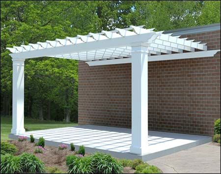 White Pergola Front Of House, White Outdoor Pergola, Pergola Patio White, Pergola White Modern, Pergola Over Deck, Pergalo Ideas Pergolas White, Front Pergola, Classic Pergola, Wall Mount Pergola