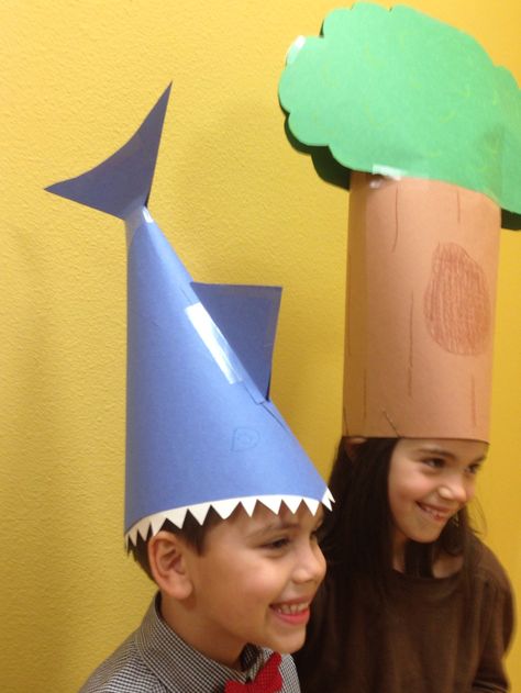 Silly Hats: Man-eating Shark and a Tree Funny Hats For Adults Diy, Funny Hats Diy, Funny Hats For Adults, Crazy Hat Day Ideas, Hat Crafts For Kids, Fall Kindergarten Crafts, Crazy Hat, Shark Hat, Paper Hats