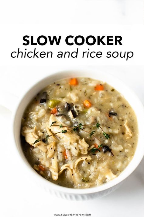 This slow cooker creamy chicken and rice soup is incredibly simple to make. Made with carrots, celery, onions, mushrooms, chicken, rice, variety of spices, and finished off with cream. Pair this with grilled cheese or crusty bread for dinner on a cold evening! Rice Soup Crockpot, Slow Cooker Chicken And Rice, Creamy Chicken And Rice Soup, Slow Cooker Chicken Rice, Bread For Dinner, Slow Cooker Creamy Chicken, Creamy Chicken And Rice, Rice Soup Recipes, Chicken Rice Soup