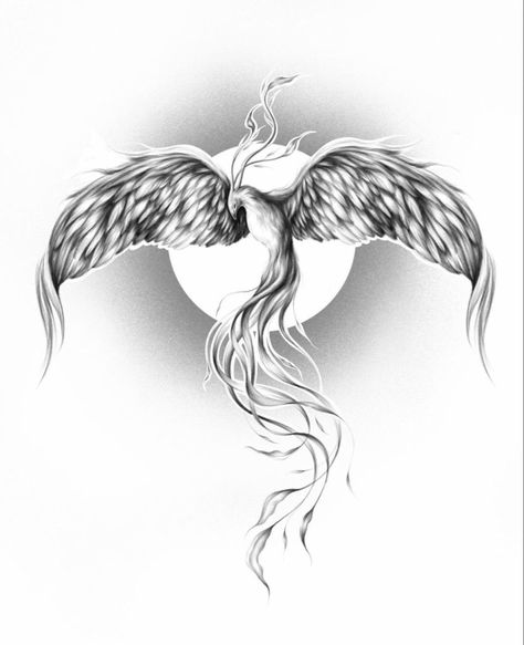 Ideas tattoo for woman Phoenix Flying Tattoo, Phoenix Coming Out Of Ashes Tattoo, Pheonix Spinal Tattoo, Smokey Phoenix Tattoo, Phoenix And Moon Tattoo, Phoenix Moon Tattoo, Mythical Tattoos Men, Pheinox Bird Tattoo, Phenix Tattoo Man