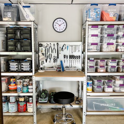 The Big Garage Cleanup Reveal - Organized-ish Organizing Paint Supplies, Organize Paint Supplies, Organize Paint, Shelf Storage Ideas, Organizing Garage, Cave Girl, Garage Entryway, Storage Wars, Laundry And Bathroom