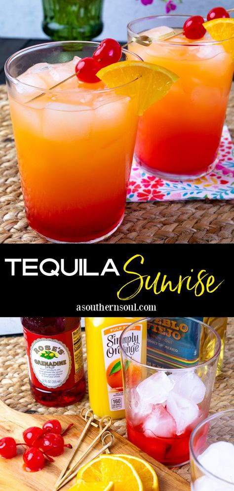 Tequila Sunrise Margarita Recipe, Citrus Tequila Drinks, Modelo Sunrise Drink, Sunset Margarita Recipe, Taco Tuesday Drink Ideas, Tequila Sunrise Margarita, Sunrise Tequila Recipe, Tequila Sunrise Mocktail Recipe, Mix Drinks Alcoholic Tequila