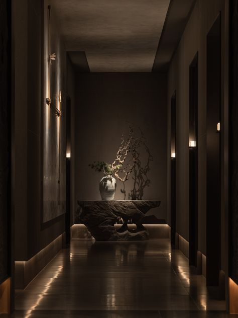 Dark Spa Interior, Luxury Spa Design Interiors Black, Modern Spa Interior Design, Home Spa Business Ideas, Dark Spa Room Aesthetic, Luxury Day Spa Interior Design, Spa Hallway Design, Massage Room Lighting, Moody Spa Aesthetic