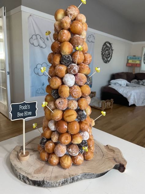 Pooh Bear Shower Ideas, Bee Hive Donut Holes, Winnie The Pooh Snacks Parties Food, Winnie The Pooh Donut Tower, Wine The Pooh Gender Reveal, Gender Reveal Ideas For Party Winnie The Pooh, Pooh Bear Desserts, Winnie The Pooh Gender Reveal Decorations, Classic Winnie The Pooh Gender Reveal