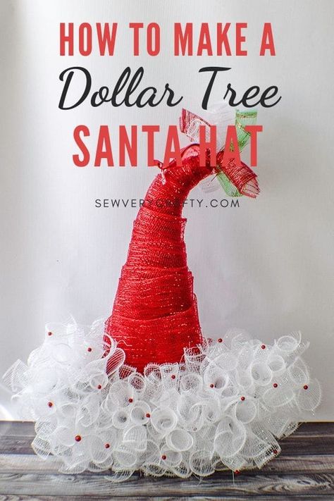 Santa Wreath Diy, Santa Hat Crafts, Diy Christmas Hats, Diy Santa Hat, Christmas Candy Cane Decorations, Christmas Door Hangings, Hat Wreath, Dollar Store Christmas Crafts, Deco Mesh Wreaths Diy