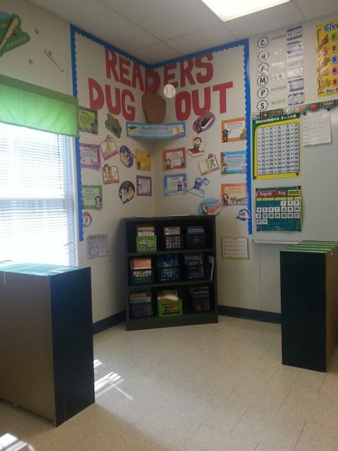 Sports theme reading corner Baseball Theme Classroom Door, Sports Themed Classroom Ideas, Sports Theme Classroom Decorations, Baseball Theme Classroom, Baseball Classroom, March Is Reading Month, Intervention Classroom, Sports Theme Classroom, Sports Classroom