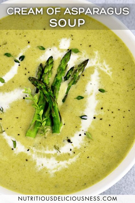 Cream of Asparagus Soup This velvety smooth Cream of Asparagus Soup is rich and creamy and full of fresh asparagus flavor. Ready in under 30 minutes, it's the perfect busy weeknight dish. #asparagussoup #ketosoup Leek And Asparagus Soup, Asparagus Cheese Soup, Sparragus Recipe Soup, Cream Of Asparagus, Keto Soup Recipes, Cream Of Asparagus Soup, Creamed Asparagus, Keto Soups, Creamy Asparagus