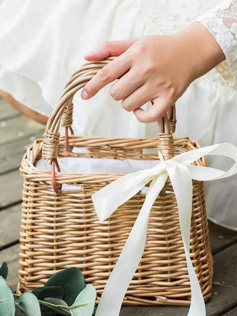 1pc Rattan Wedding Flower Basket, Modern Woven Bow Decor Flower Basket For Wedding Ceremony | SHEIN USA Basket For Wedding, Rattan Wedding, Wedding Flower Basket, 2026 Wedding, Shower Dress, Pearl Decor, Bridal Shower Dress, Bow Decor, Flower Girl Basket