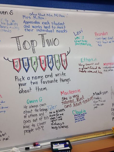 This is amazing! Love the Top Two Tuesday idea with promoting and recognizing students (also perfect for faculty and staff). AND, having a list to choose from will ensure that more than just the popular kids will get recognized! LOVE THIS! White Board Ideas, Whiteboard Prompts, Whiteboard Questions, Whiteboard Writing, Morning Writing, Whiteboard Ideas, Whiteboard Messages, Daily Questions, Morning Board