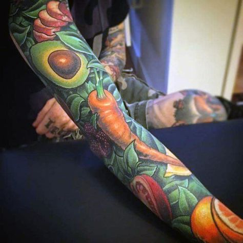 Mens Full Sleeves Colored Veggies Food Tattoo Design Ideas Culinary Sleeve Tattoo, Vegetable Sleeve Tattoo, Food Sleeve Tattoo, Vegetable Tattoo Sleeve, Food Tattoo Sleeve, Vegetable Tattoo Ideas, Fruit Tattoo Sleeve, Vegetables Tattoo, Vegetable Tattoos