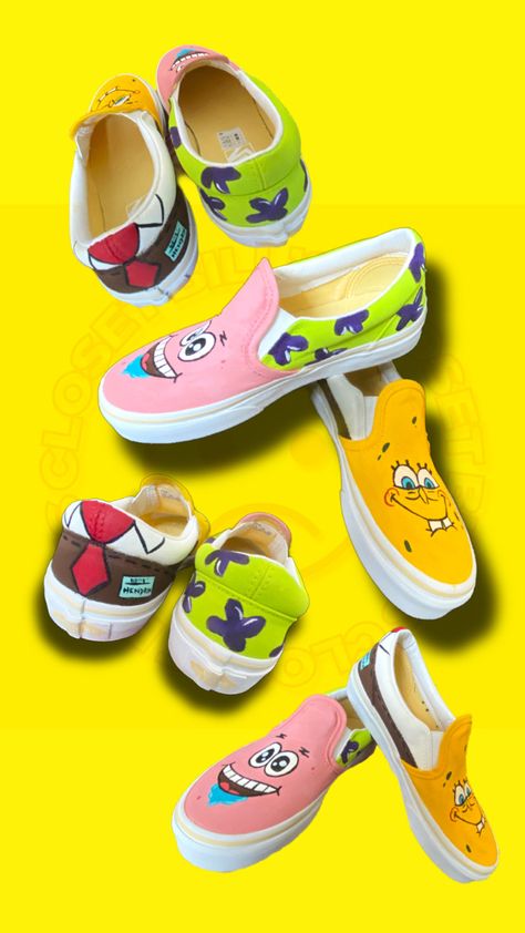 Vans Custom Ideas, Spongebob Shoes, Spongebob Things, Vans Spongebob, Shoe Painting, Spongebob Birthday, Vans Vans, Shoe Ideas, Patrick Star