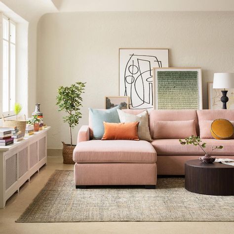 Interior Define on Instagram: “We don't know about you, but this Charly is making us blush. #interiordefine 🛋️: Charly U-Chaise Sectional in Performance Linen Weave Rose” Blush Pink Sectional Sofa, Blush Couch Living Room, Blush Sofa Living Room, Pop Of Color Room, Color Room Ideas, Pink Couch Living Room Ideas, Blush Couch, Pink Couch Living Room, Pink Sofa Living Room