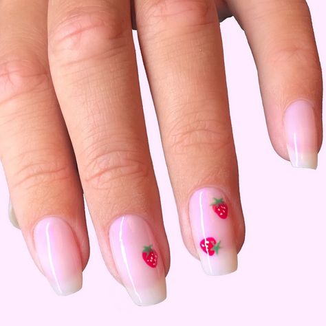 Strawberries Nail Art, Nails With Strawberry Design, Short Nails Strawberry, French Nails With Strawberry, Pink Nails With Strawberries, Strawberry Nails Simple, Strawberry Nails Pink, Simple Strawberry Nails, Fruit Themed Nails