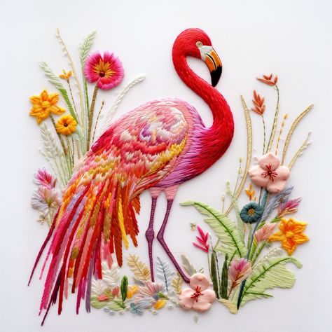 Embroidered Flamingo, Flamingo Embroidery, Embroidery Hoop Crafts, Birds Embroidery Designs, Fabric Painting On Clothes, Hand Painted Fabric, Handmade Flowers Fabric, Needlework Crafts, Floral Embroidery Patterns