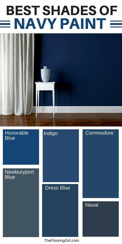 Best shades of navy paint and clever ways to decorate with navy for a fresh and modern look.  The navy trend is so hot right now and it goes so well with both dark and light hardwood floors, as well as white trim.  #navy #paint #shade #navypaint #moderndecor #sherwinwilliams #benjaminMoore #commodore #naval #indigo Navy Blue Paint Colors, Navy Blue Paint, Navy Paint, Navy Blue Walls, Light Hardwood, Light Hardwood Floors, Blue Paint Colors, Interior Modern, Blue Living Room