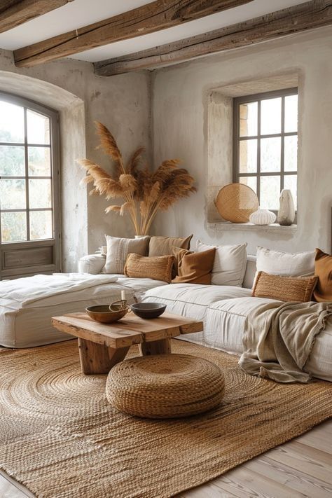 Wabi Sabi Interior Living Rooms, Wabi Sabi Home Interior Design, Minimalist Bohemian Living Room, Wabi Sabi Living Room, Modern Coastal Living Room, Style Ibiza, Earthy Living Room, Modern Boho Living Room, Natural Living Room