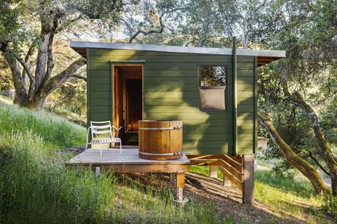 Off the Grid: A Stylish, Low-Impact Retreat in Sonoma by Charles de Lisle - Remodelista Knotty Pine Rooms, Tiny Guest House, Build My Own House, Interior Shutters, Design 101, Bentwood Chairs, Green House, Tiny Home, Soaking Tub