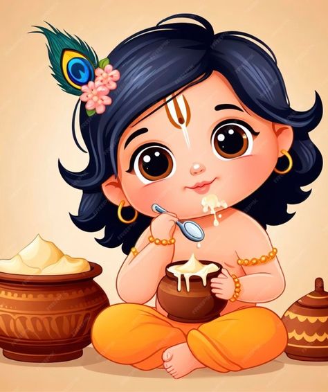 Dwarkadhish Drawing, Janmastami Paintings, Cute God Drawing, Baby Krishna Painting, Gopal Drawing, Janmashtami Illustration, Baby Krishna Drawing, Little Krishna Cartoon, Cute Krishna Painting