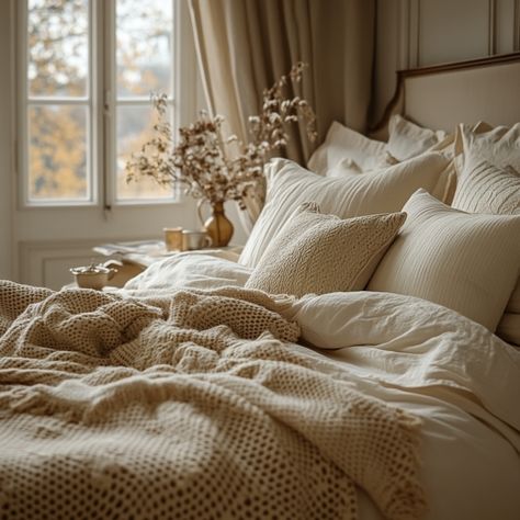 Neutral Pillows On Bed, White Waffle Bedding Styling, Oatmeal Bedding Ideas, Room With Lots Of Plants, Cream And Brown Bedroom, Neutral Bed Sheets, Oatmeal Bedding, Pillows On Bed, Velvet Throw Blanket