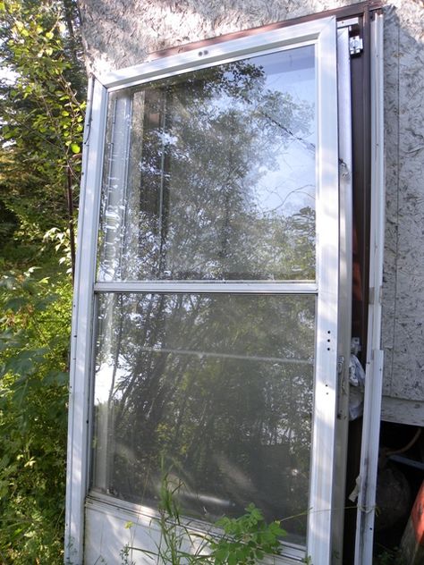 Recycle Old Aluminum Doors Repurposed Shower Doors, Repurpose Shower Doors, Repurpose Sliding Glass Doors, Old Screen Doors Repurposed, Old Glass Door Ideas, Screen Door Projects, Glass Screen Door, Aluminium Patio Doors, Aluminum Storm Doors