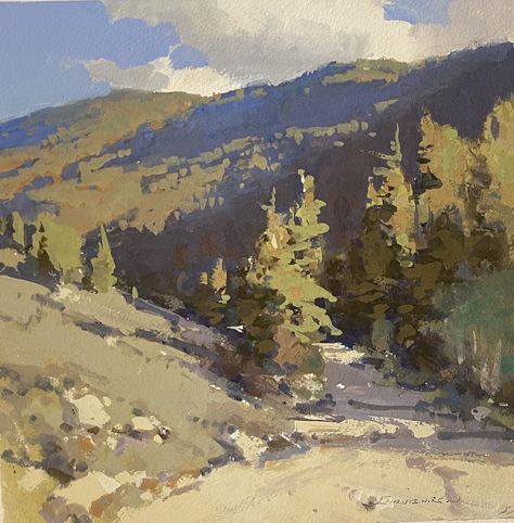 Fall is coming on fast this time of year! (Yes, it snowed up in the mountains yesterday). I am always trying to keep up with the palette in… | Instagram Beautiful Paintings Of Nature, Gouache Color, Environment Painting, Oil Painting Nature, Mountain Landscape Painting, Fall Is Coming, Gouache Art, Mountain Paintings, Plein Air Paintings