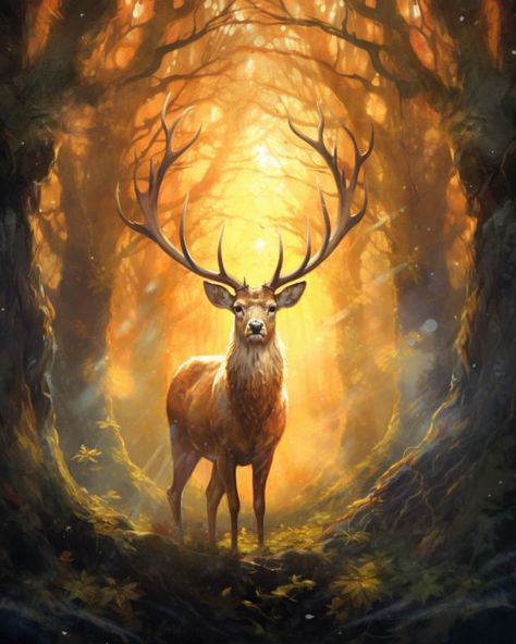 Red Deer Drawing, Deer Photos Nature, Deer Scenery Drawing, Deer Digital Art, Deer In Forest Painting, Fantasy Deer Art, Deer Fantasy Art, Forest Drawing With Animals, Forest Animals Drawing