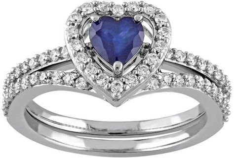 10k White Gold 1/2 Carat T.W. Diamond & Sapphire Heart Engagement Ring Set Interlocking Engagement Rings, Heart Halo, Gold Bridal Set, Heart Engagement, White Gold Bridal Set, Diamond Bridal Ring Sets, Heart Engagement Rings, White Gold Sapphire, Bridesmaid Jewelry Sets