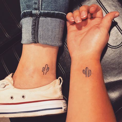 Cactus friendship tattoo symbolizing sticking together! Small Fun Tattoo Ideas, Simple Desert Tattoo, Western Friend Tattoos, Matching Cactus Tattoos, Cactus Tattoo Minimalist, Little Cactus Tattoo, Cute Cactus Tattoo, Simple Cactus Tattoo, Tiny Cactus Tattoo