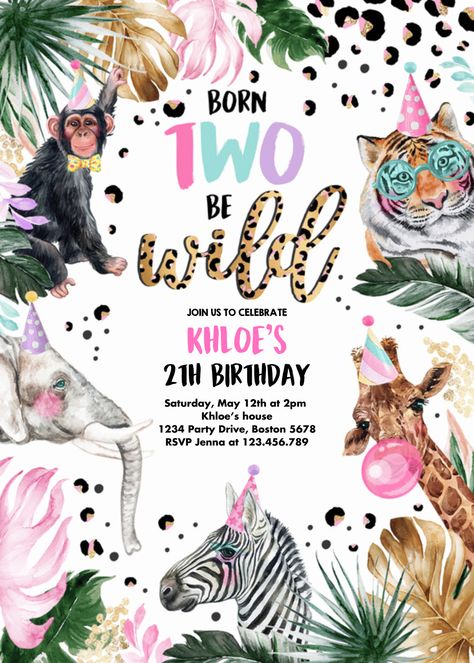 Check out this design designed by Printdabble. Party Animal Girl Birthday, Girl Animal Birthday Party, Two At The Zoo Birthday Girl, Party Animals Birthday Theme, Two Wild Birthday Party Girl, Party Animal Birthday Theme, Fourever Wild, Party Animal Invitation, Wild Animal Party