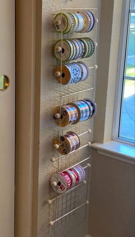 Ribbon Holders Organizing, Organizing Ribbon In Craft Room, Diy Ribbon Holder Organization Ideas, Diy Ribbon Organizer, Decorating Craft Room, Diy Ribbon Storage Ideas, Craft Room Organization On A Budget, Dollar Tree Wooden Tray Ideas, Dollar Tree Wire Basket Ideas