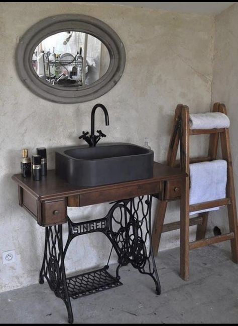 Bathroom Old Style, Rustic Glam Bathroom, Harrington House, Old Sewing Machine Table, Bathroom Toilet Decor, House Awnings, Glam Bathroom, Cabin Furniture, Laundry Design