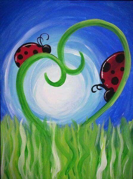 Canvas Art Painting Acrylic, Ladybug Art, Wine And Canvas, Painting Canvases, Easy Canvas Painting, Spring Painting, Night Painting, Beginner Painting, Art Painting Acrylic